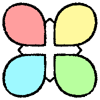 a stylized clover with 4 leaves of different colours, red, yellow, green, and blue, positioned over a white diamond