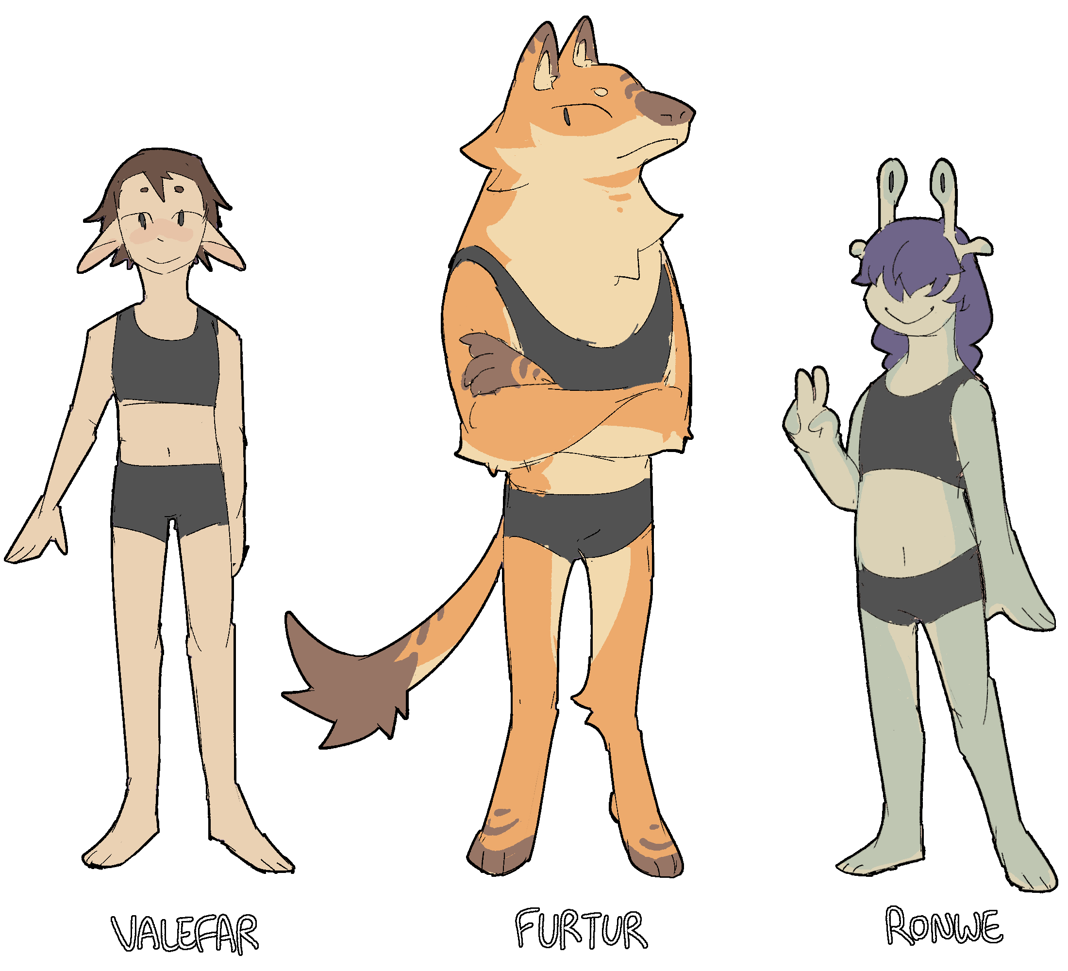 three humanoid figures, labeled Valefar, Furtur, & Ronwe