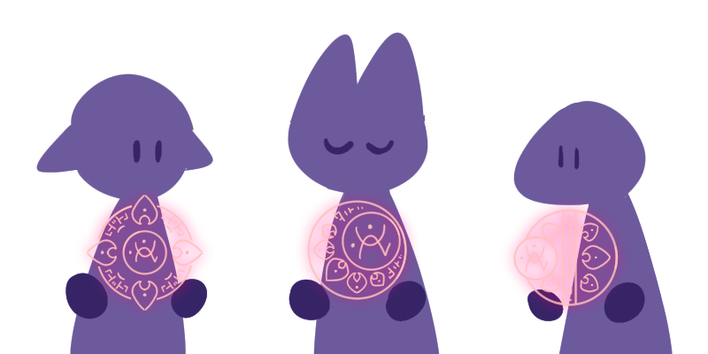three abstract figures, each holding a spell circle. the circles all contain the same glyphs, but in different amounts and arrangements
