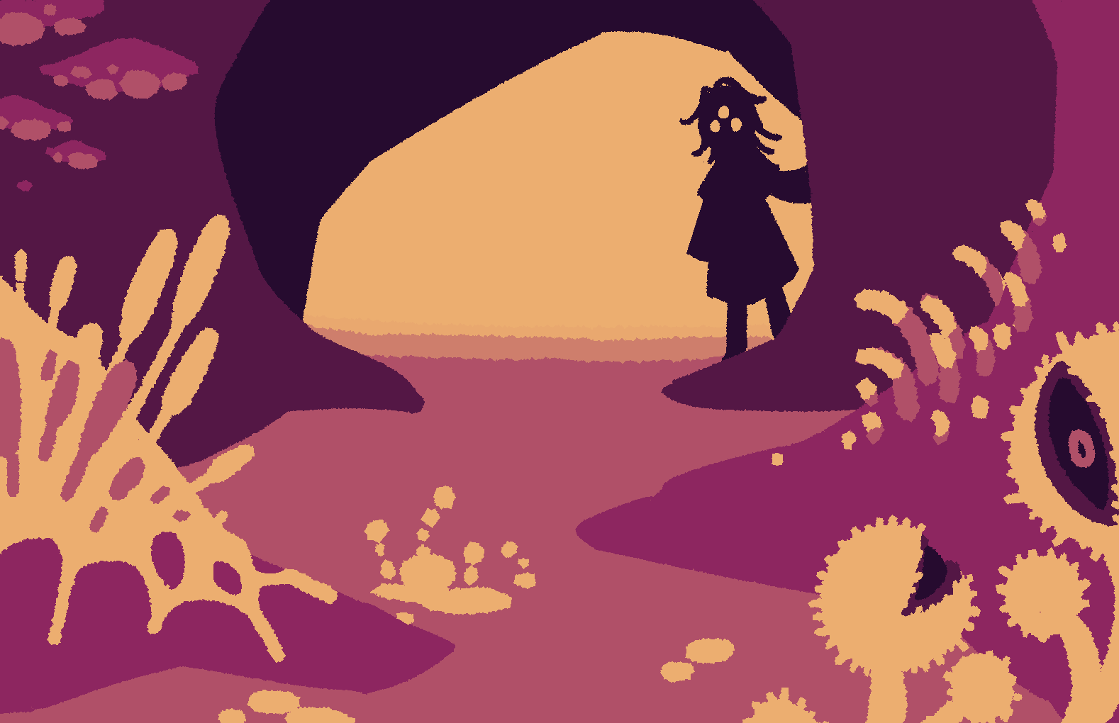 a cave whose walls are covered in various fungus-like growths. a human figure looks on from the entrance