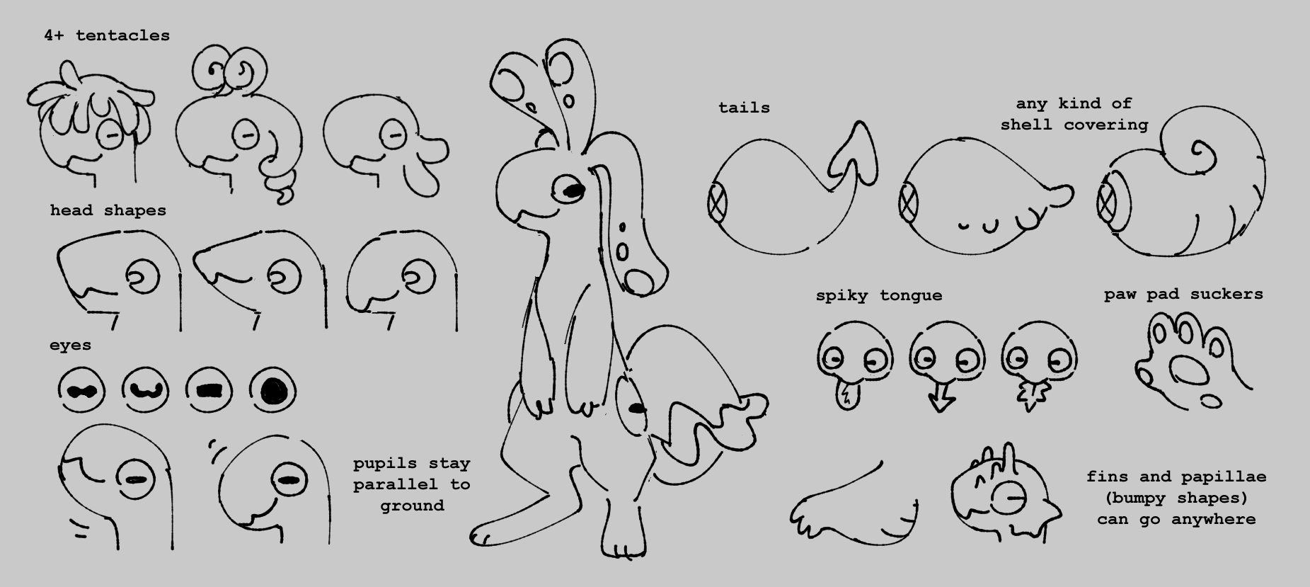 diagram showing how bunnypods can vary in head shape, tentacle placement, etc.