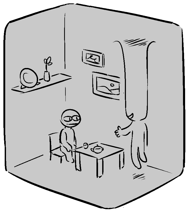 in a small exitless room, a figure oozing out of the ceiling cheerfully talks to a distressed person