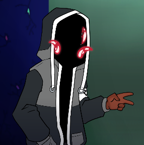 Person wearing a hooded grey jacket. A pair of glowing horns emerges from the shadowed area within their hood