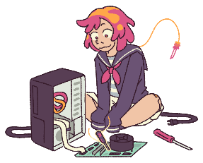 Clover sitting on the ground, using their wake to tinker with a PC motherboard in front of them