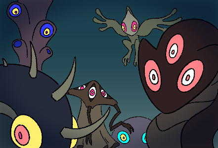 A group of monsters, all with wildly different body shapes but similar bright circular eyes, stare at the camera