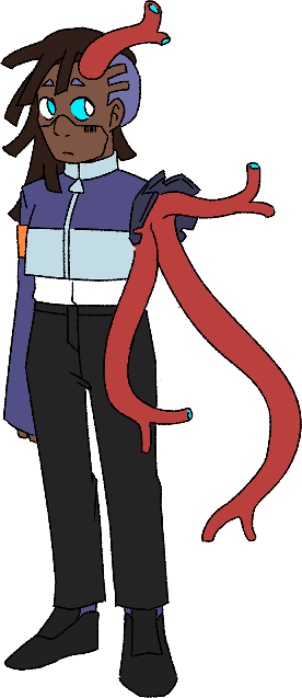 Hidari with a branched tentacle protruding from their forehead and three more replacing their left arm
