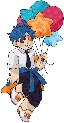 Hiro holding a bunch of balloons.