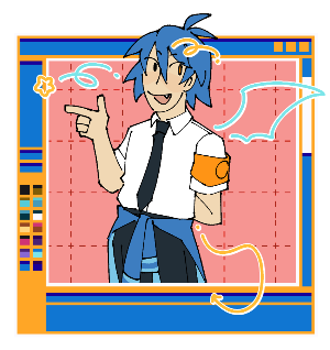 Hiro standing in an art program window with wings and a tail doodled over him.