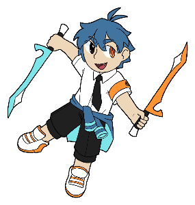 Hiro brandishing dual swords and grinning.
