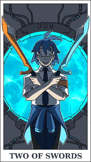 A Two of Swords card: Hiro blindfolded with swords crossed over his chest, backlit by a moon pool.