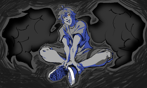 Hiro sitting feet together and smiling. A pair of ghostly arm-wings protrude from his back.