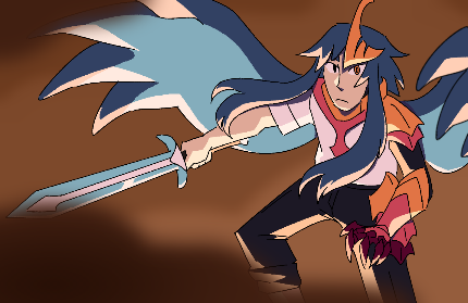 Fake screenshot of Hiro with wings and armor, facing the camera in a battle stance