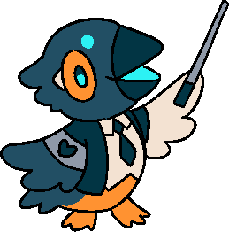 Kawasemi-kun smiling and holding up a conductor's baton with one wing