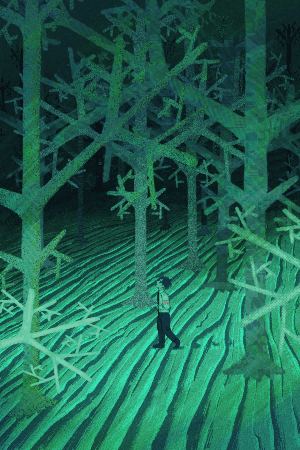 A person walks through a forest of enormous, pale green, fractal-shaped trees