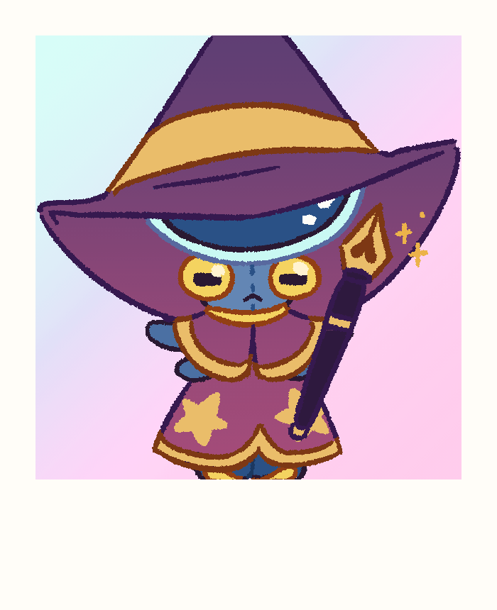 photo of a blue plush squid in purple wizard clothes, with a pen-shaped wand and a serious expression