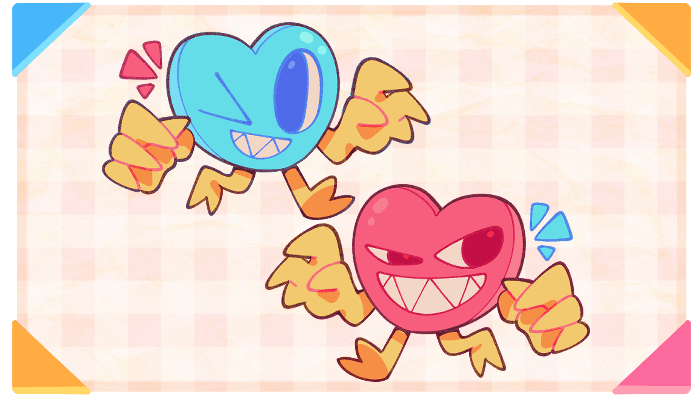 two candy hearts with mischievous faces, sharp teeth, arms with big claws, and tiny legs